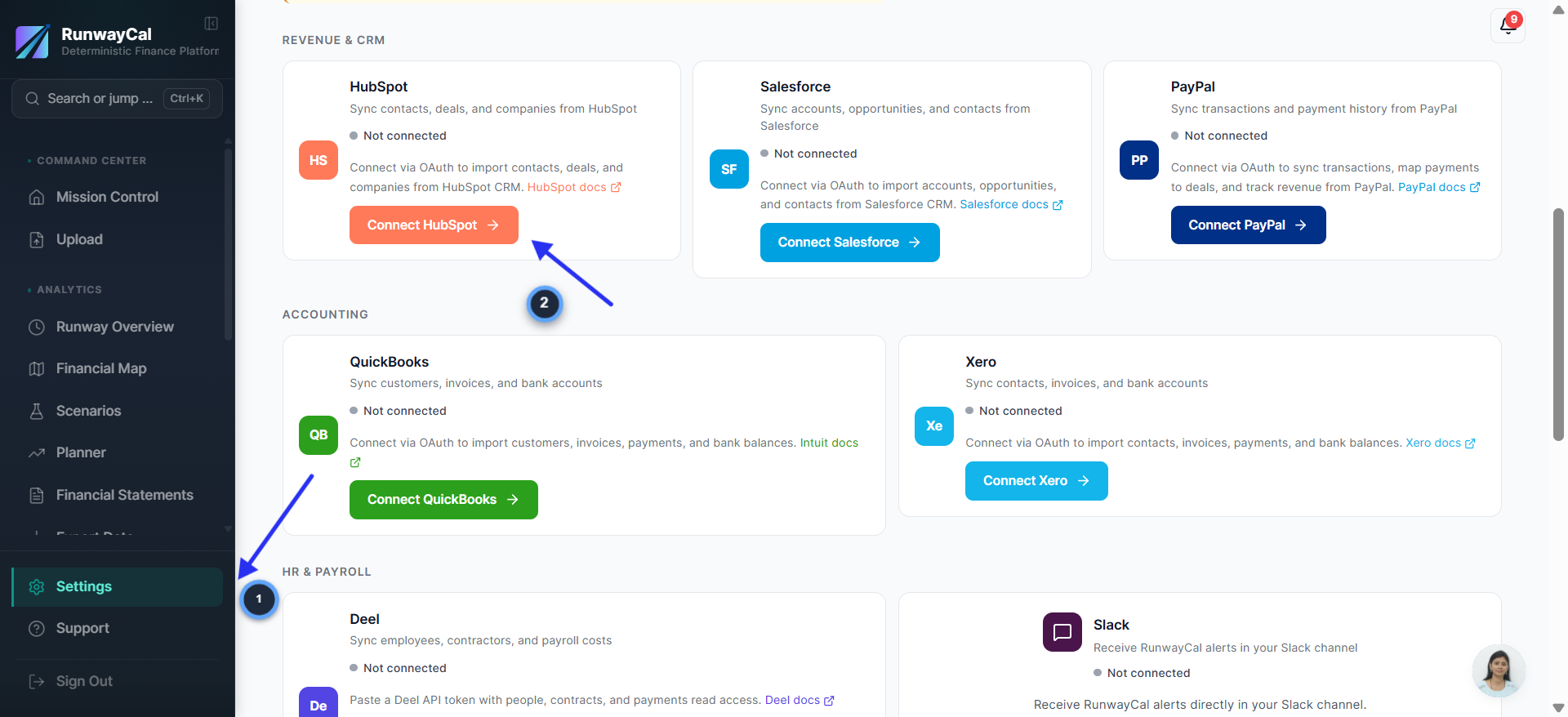 RunwayCal Settings Integrations tab showing HubSpot card with Connect HubSpot button