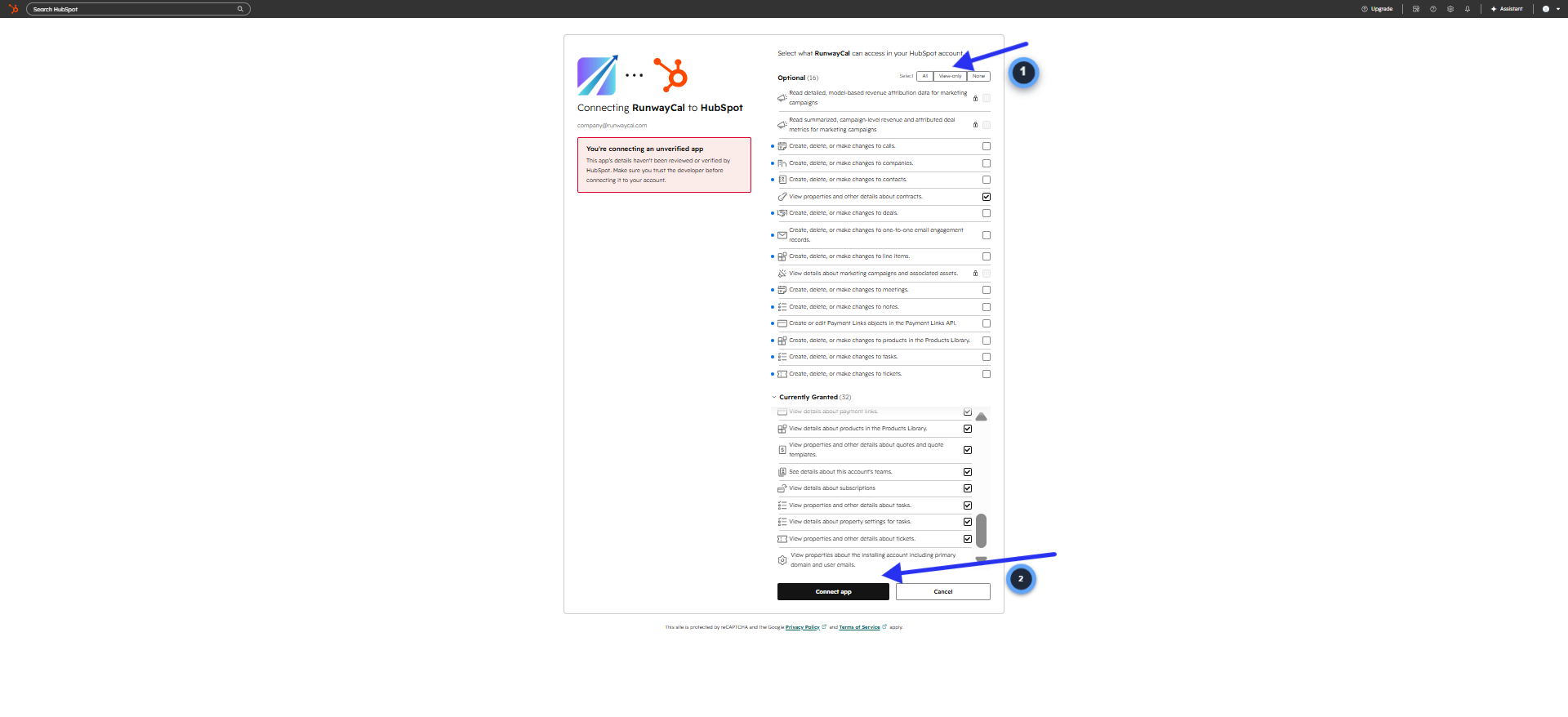 HubSpot permissions screen showing data access options with Connect app button