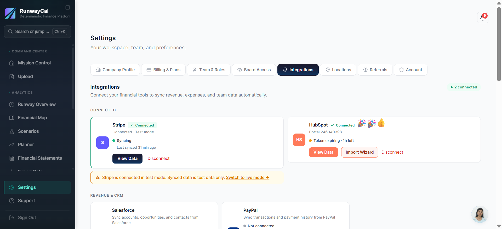 RunwayCal Settings showing HubSpot card with green Connected badge and portal ID