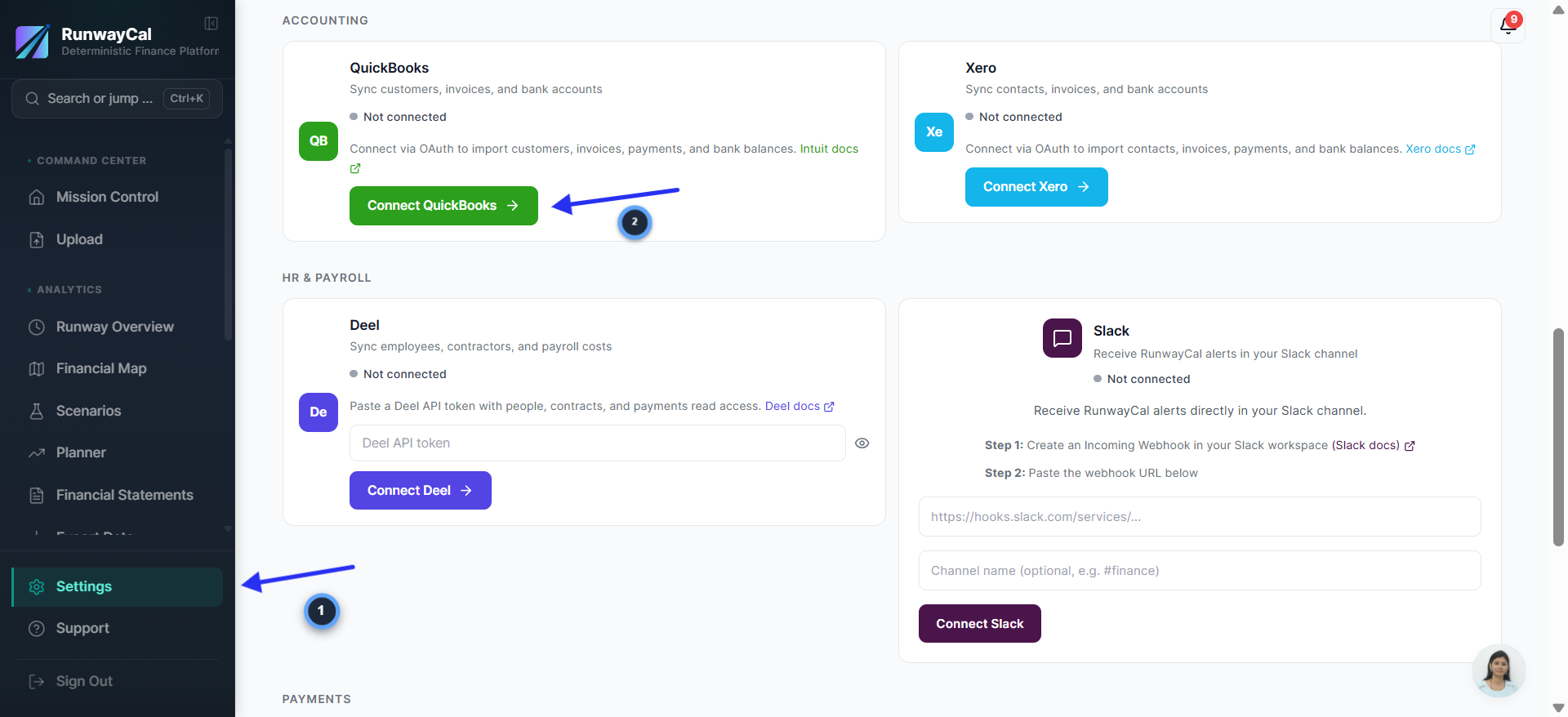 RunwayCal Settings Integrations tab showing Accounting section with Connect QuickBooks button