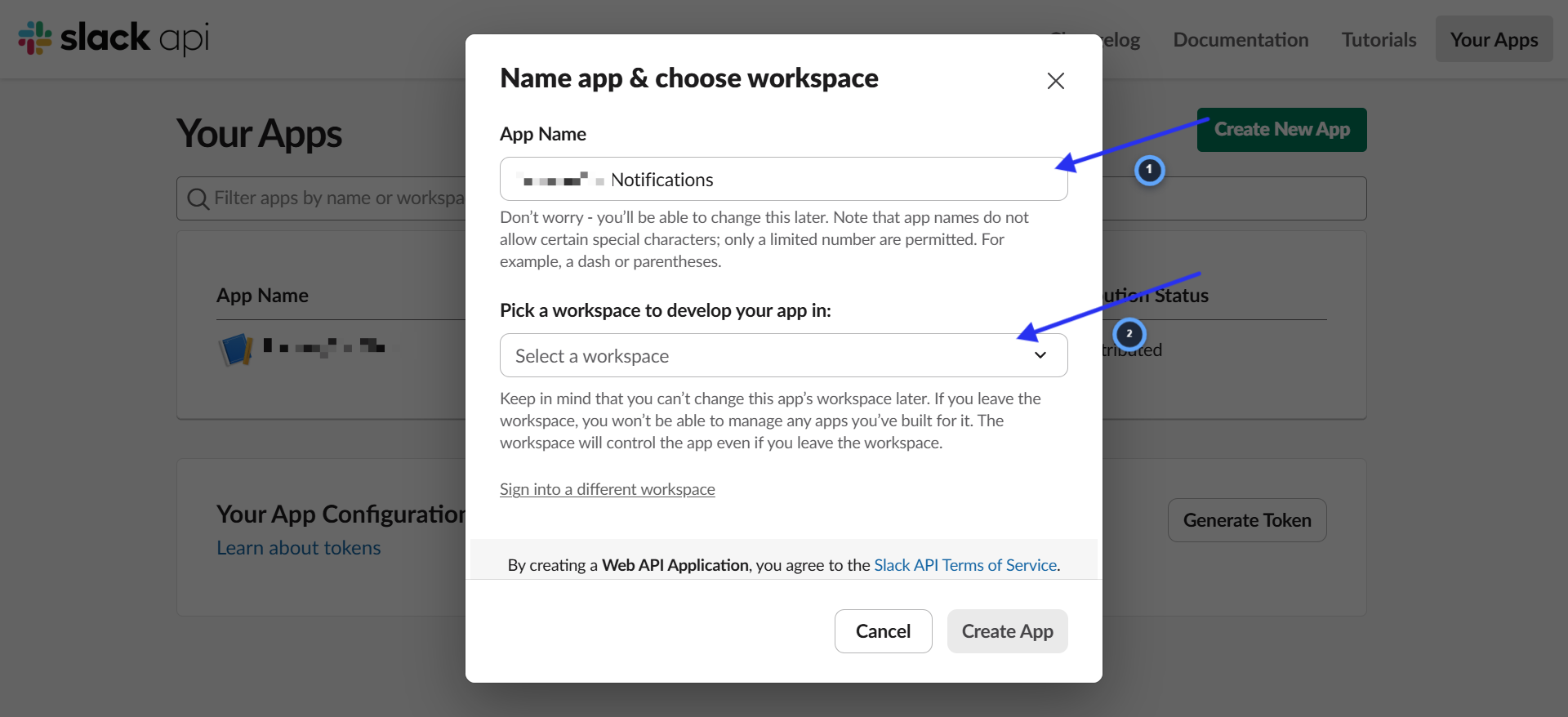 Slack Create a Slack App dialog with app name RunwayCal Alerts and workspace selector