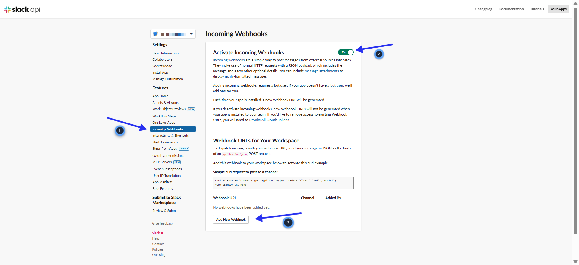 Slack Incoming Webhooks page showing Activate toggle and Add New Webhook to Workspace button