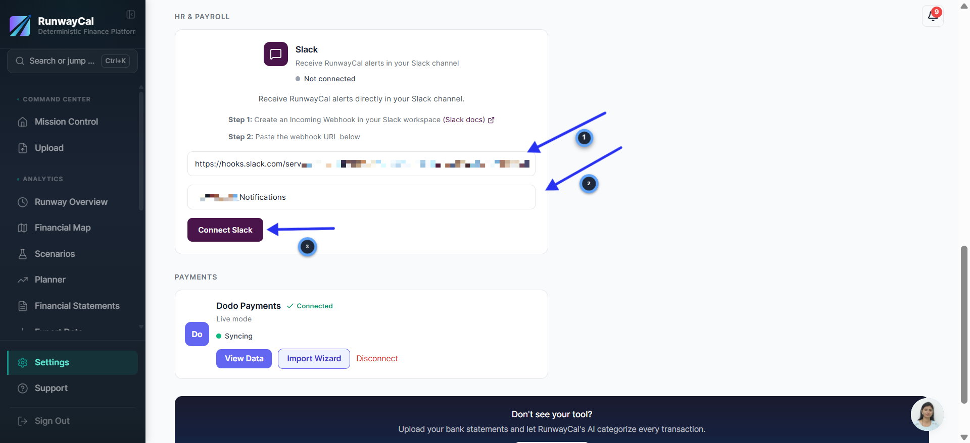 RunwayCal Settings showing Slack card with webhook URL pasted and channel name field