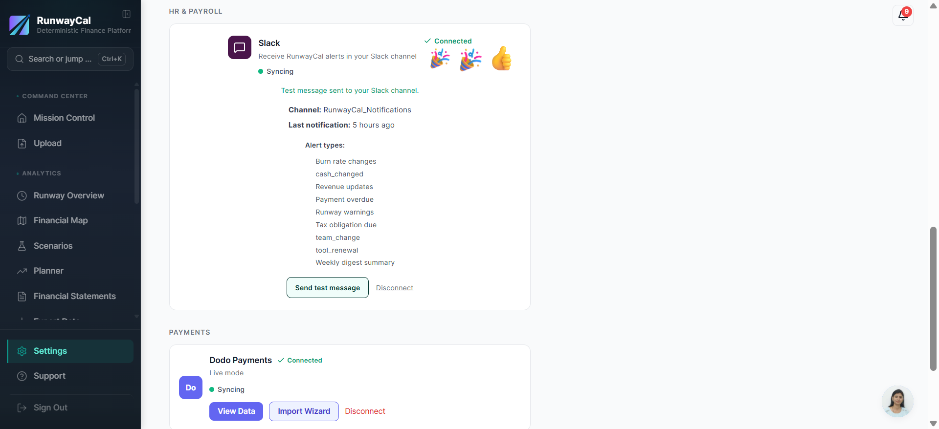 RunwayCal Settings showing Slack card with green Connected badge and Send test message button