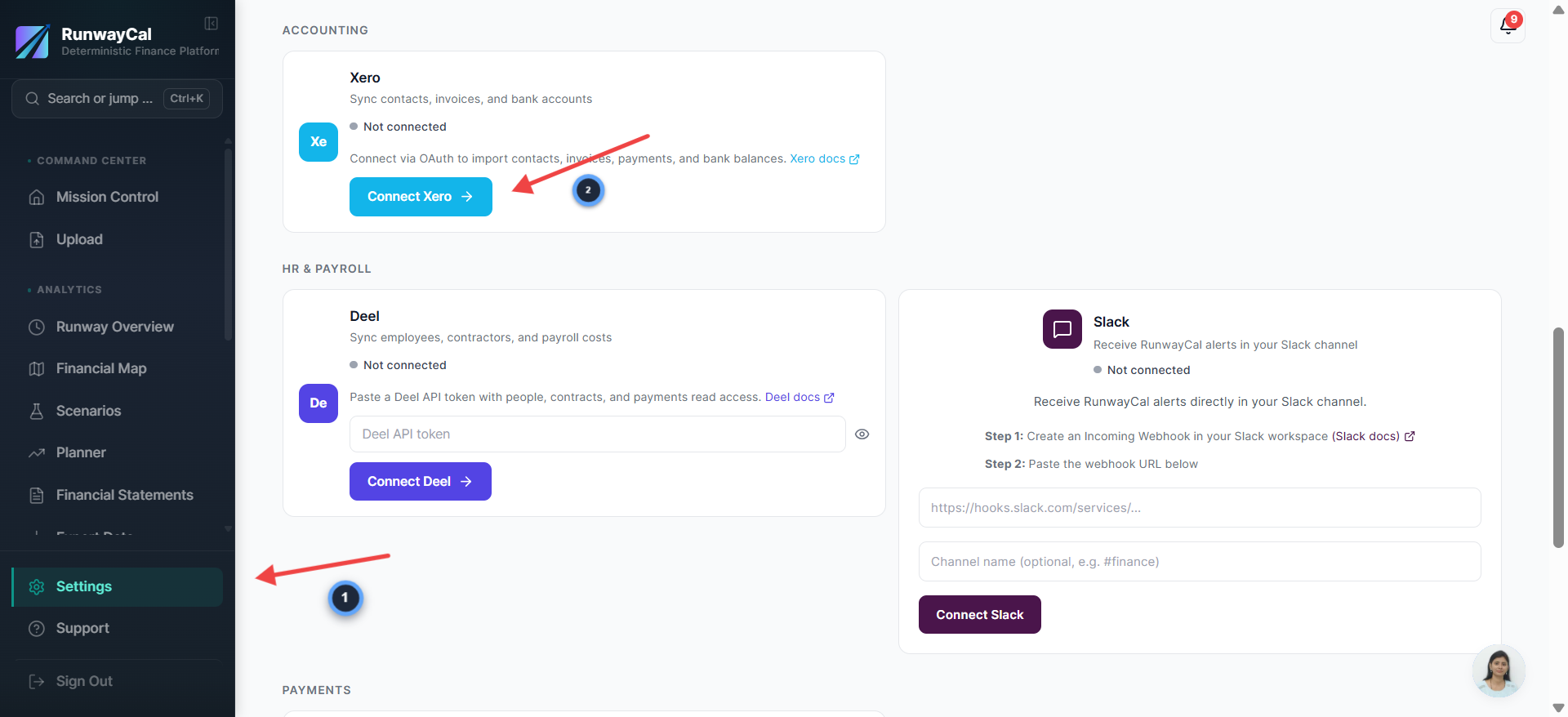 RunwayCal Settings Integrations tab showing Accounting section with Connect Xero button