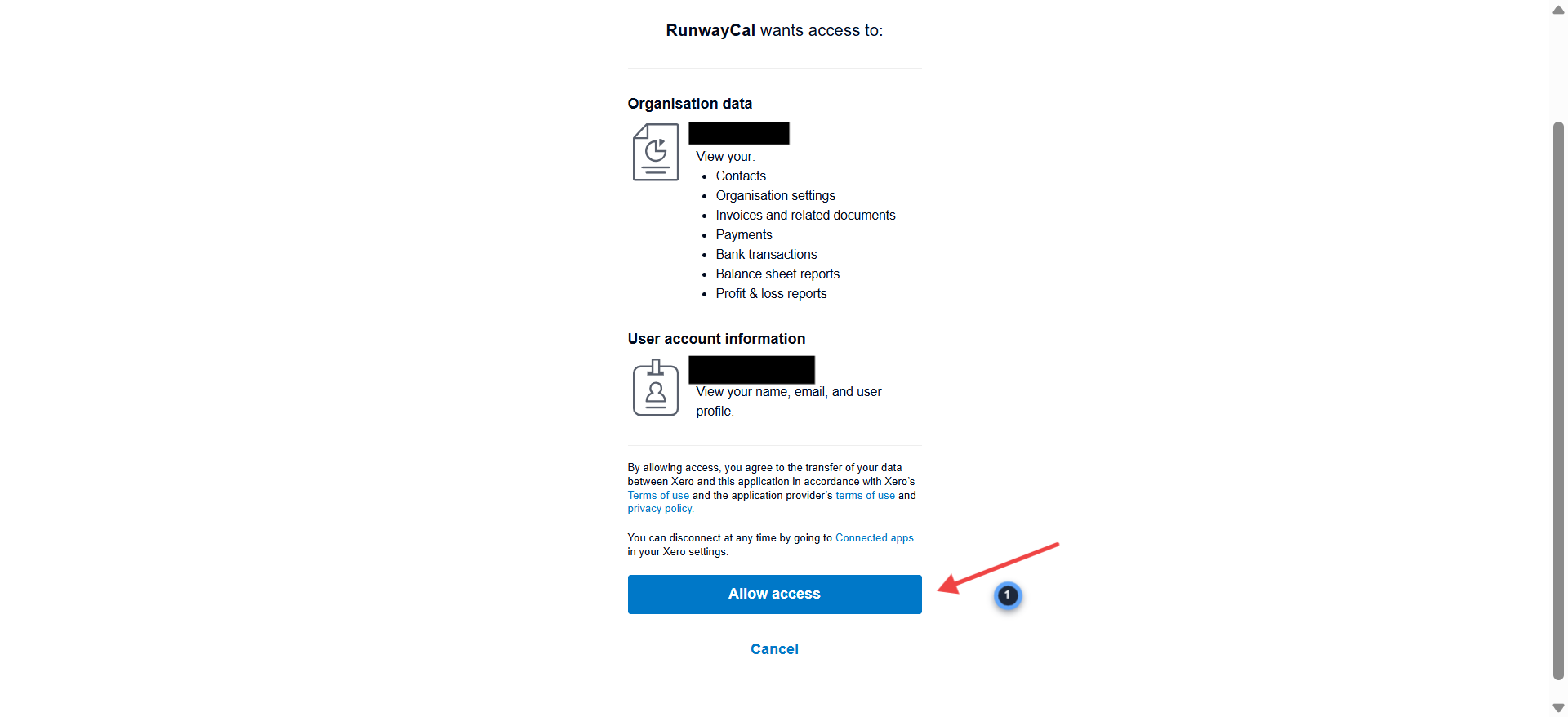 Xero permissions screen showing RunwayCal wants access to Organisation data and User account information with Allow access button