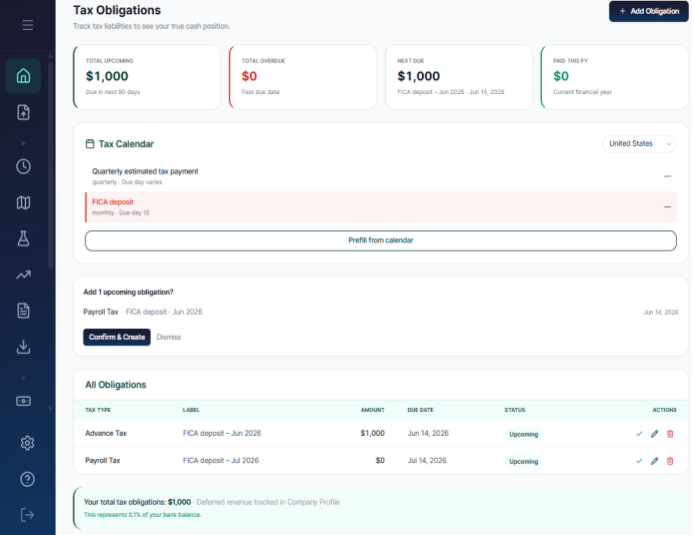 Tax Obligations calendar and smart estimation