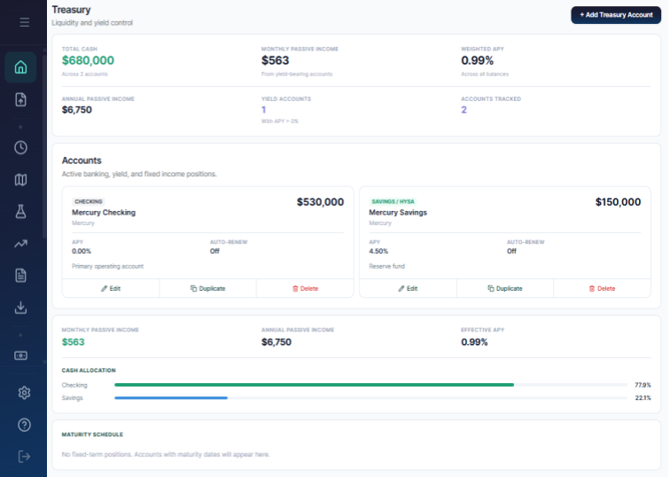 Connected cash flow showing Treasury activity log and balance updates